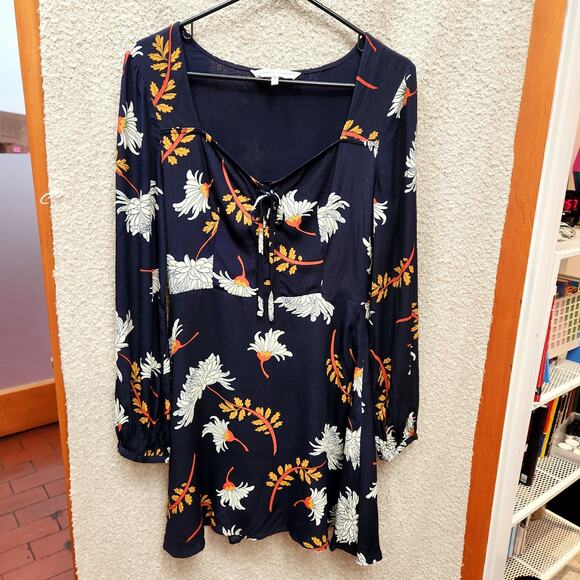 Sz 4 Fit & Flare Blue Autumn Tones Floral Long Sleeve Mini Dress Boho Chic Print - Picture 10 of 10